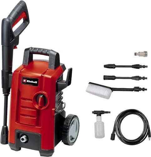 Einhell TC-HP 130: Limpiadora a alta presión. Potencia: 1500 W. Presión máxima: 130 bar. Incluye tubo flexible de alta presión, pistola, lanza, diversas boquillas, cepillo y contenedor de agente pulverizador.