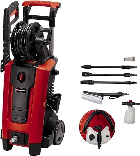 Einhell TE-HP 170: Limpiadora a alta presión. Potencia: 2300 W. Presión máxima: 170 bar. Incluye tubo flexible de alta presión, pistola, lanza, diversas boquillas, cepillo y contenedor de agente pulverizador.