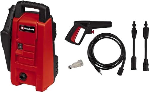 Einhell TC-HP 90 Power X-Change: Limpiadora a alta presión. Potencia: 1200 W. Presión máxima: 90 bar. Rendimiento máximo: 372 L/h. Incluye conexión de agua con filtro integrado, pistola, manguera, lanza y boquilla. Color: rojo y negro.