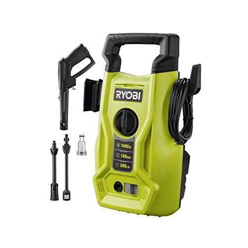 RYOBI RY100PWA: Hidrolimpiadora de Alta Presión. Potencia: 1400W. Presión: 100 Bares. Caudal: 390l/h. Características: Manguera de 5m, lanza Vario. Ideal para la limpieza eficiente de bicis, motos, muebles de jardín, barbacoas sin dañarlos.