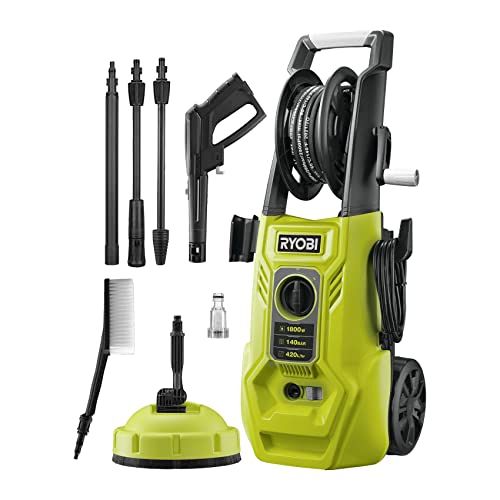 RYOBI RY140PWA: Hidrolimpiadora de Alta Presión. Potencia: 1800W. Presión: 140 Bares. Caudal: 420l/h. Características: 2 lanzas (Vario y Turbo), 1 cepillo multisuperficie, limpiador de superficies Ø 25cm, depósito de detergente de 0,9l.