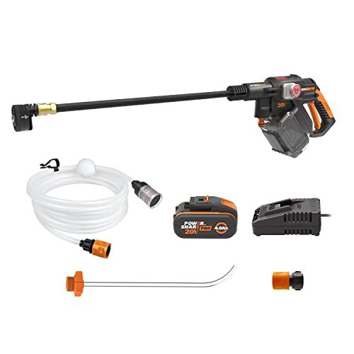 WORX WG633E.9: Hidrolimpiadora sin Cable Hydroshot de 18V (20V MÁX) | Nitro WORX |PowerShare. Perfecta para limpieza de terrazas y lavado de coches. Presión máxima: 56 Bares. Caudal: 220L/H. Viene con accesorios. Batería y cargador no incluidos.